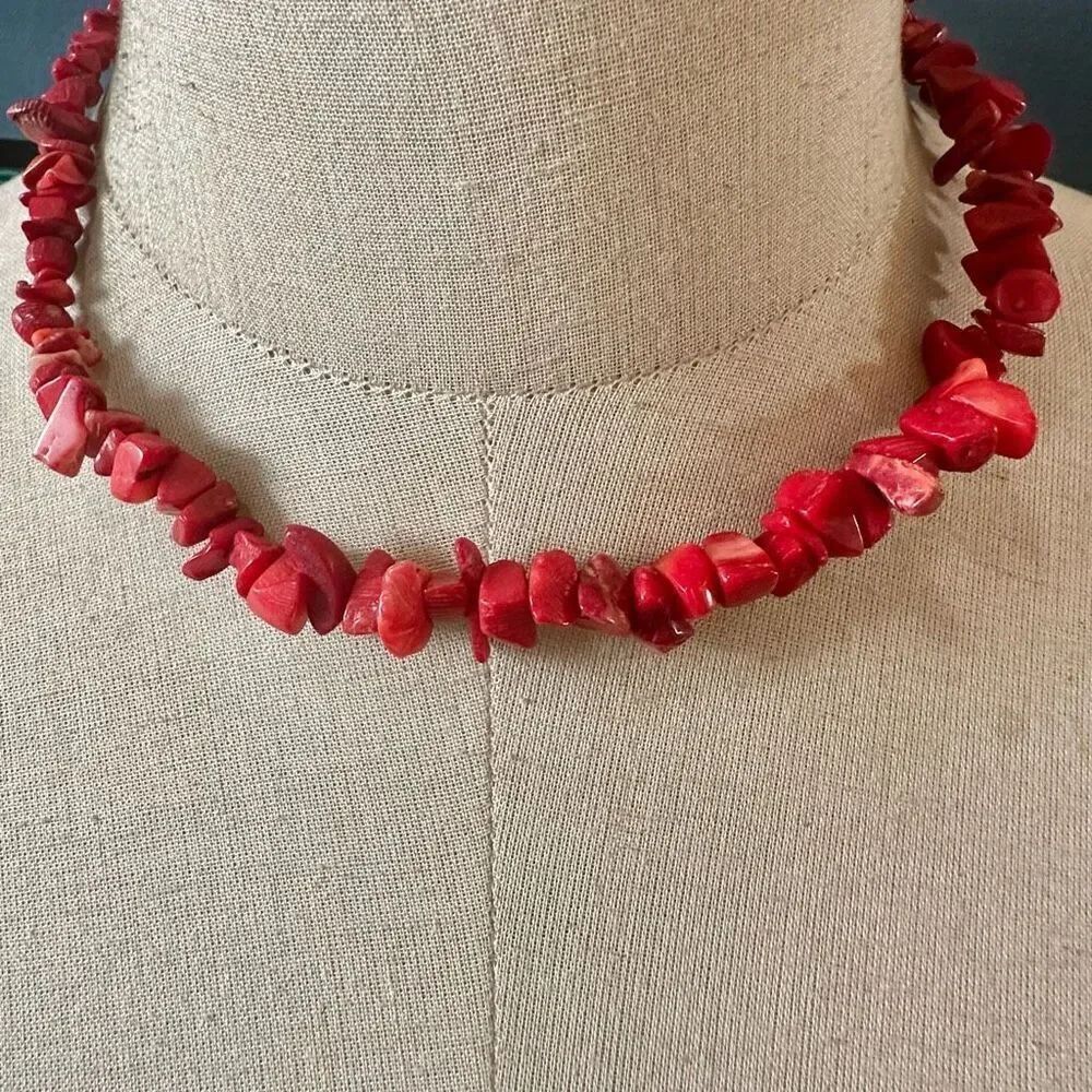 Red Coral Nugget Beaded Necklace